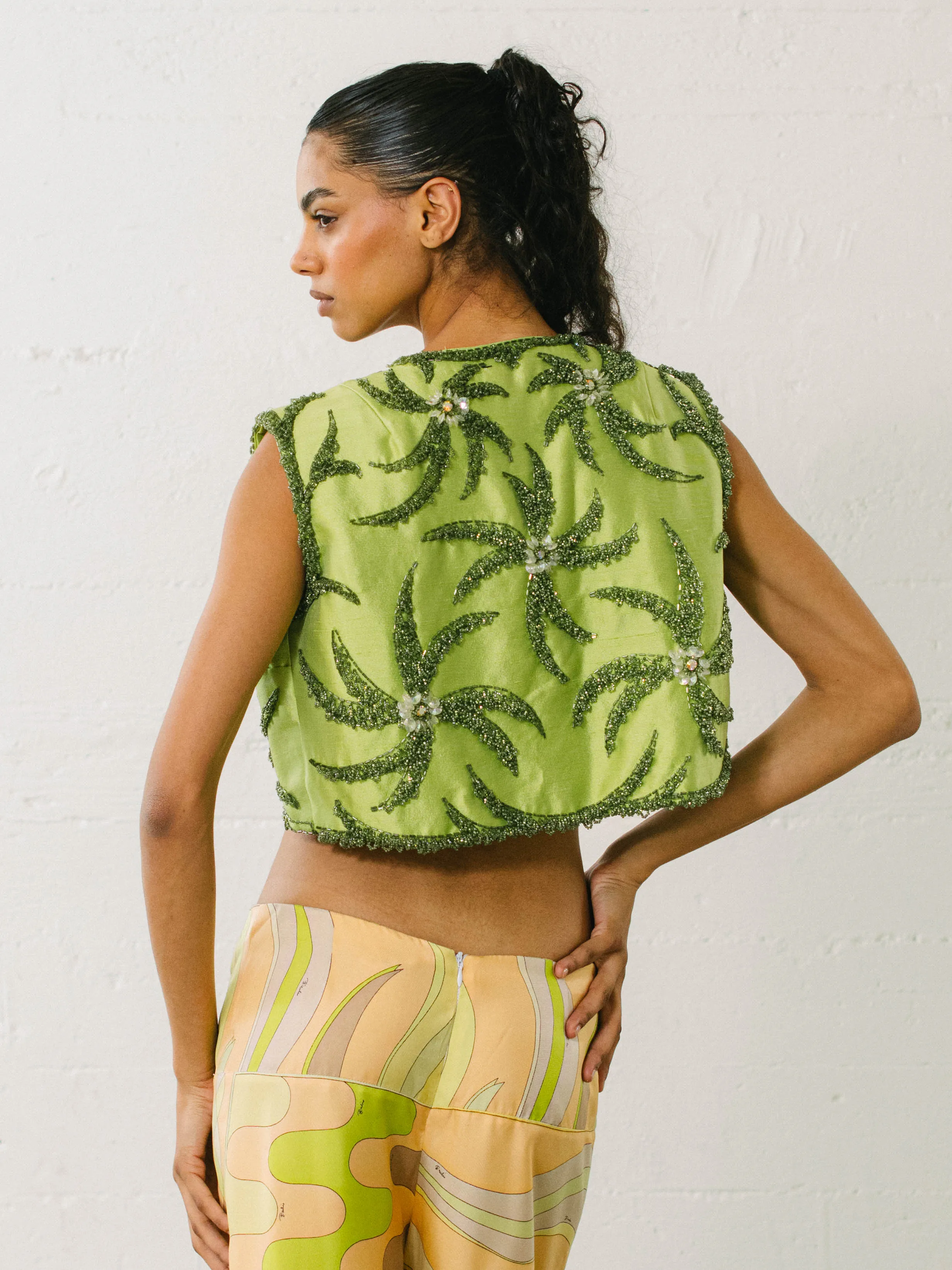 1960s Beaded Green Crop Vest