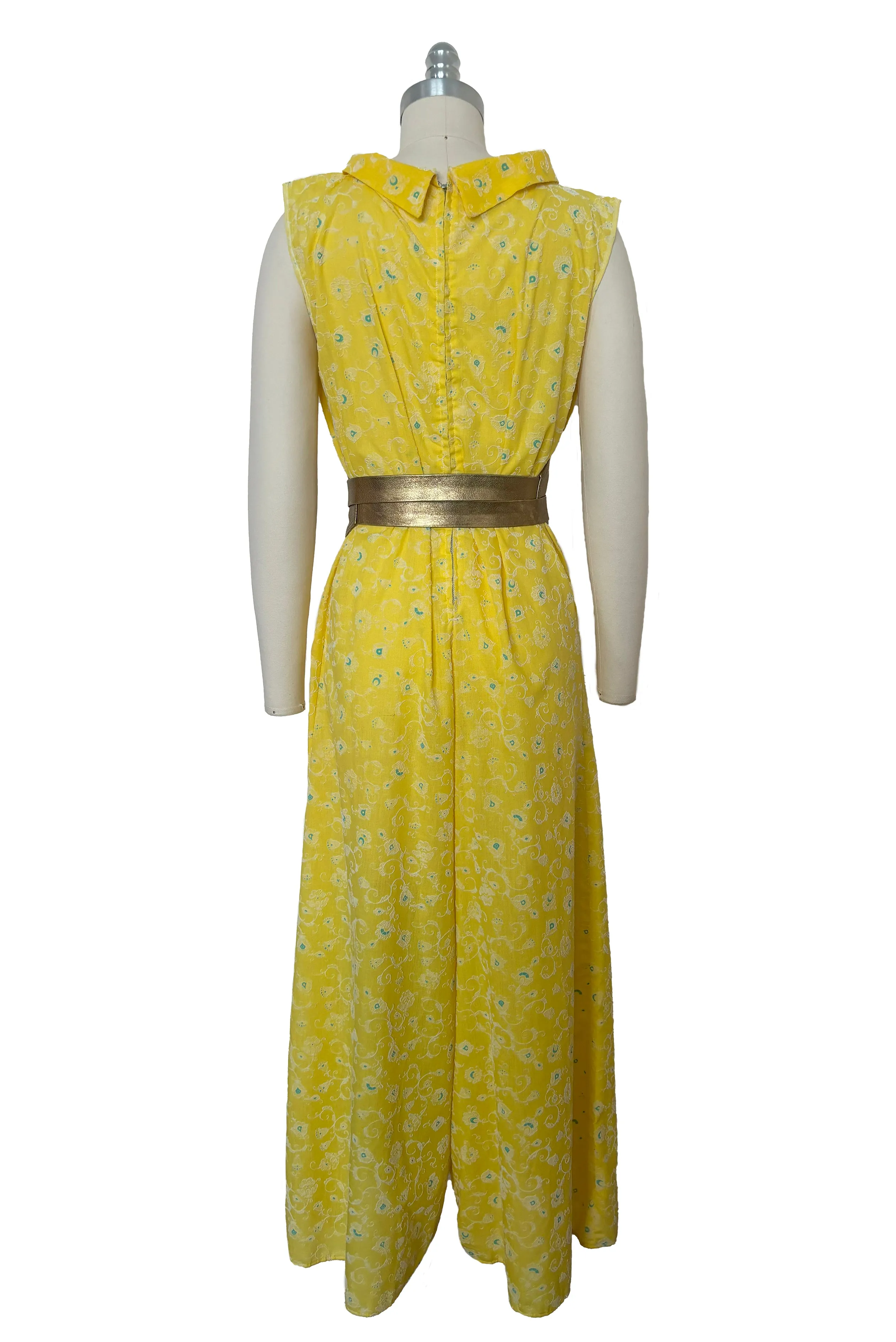 1960s Vintage Mod Yellow Cotton White Flocked Jumpsuit, Small to Medium