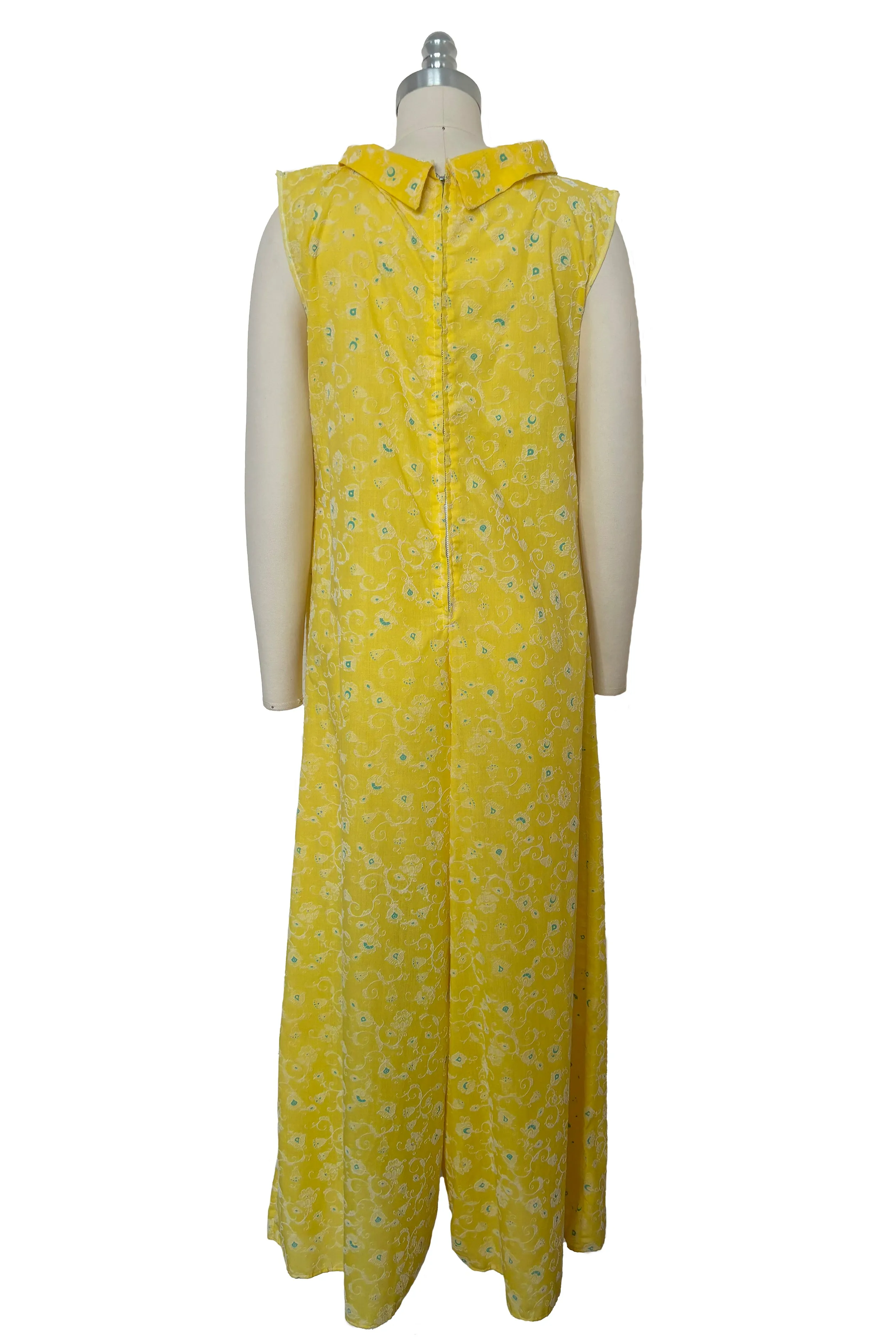 1960s Vintage Mod Yellow Cotton White Flocked Jumpsuit, Small to Medium