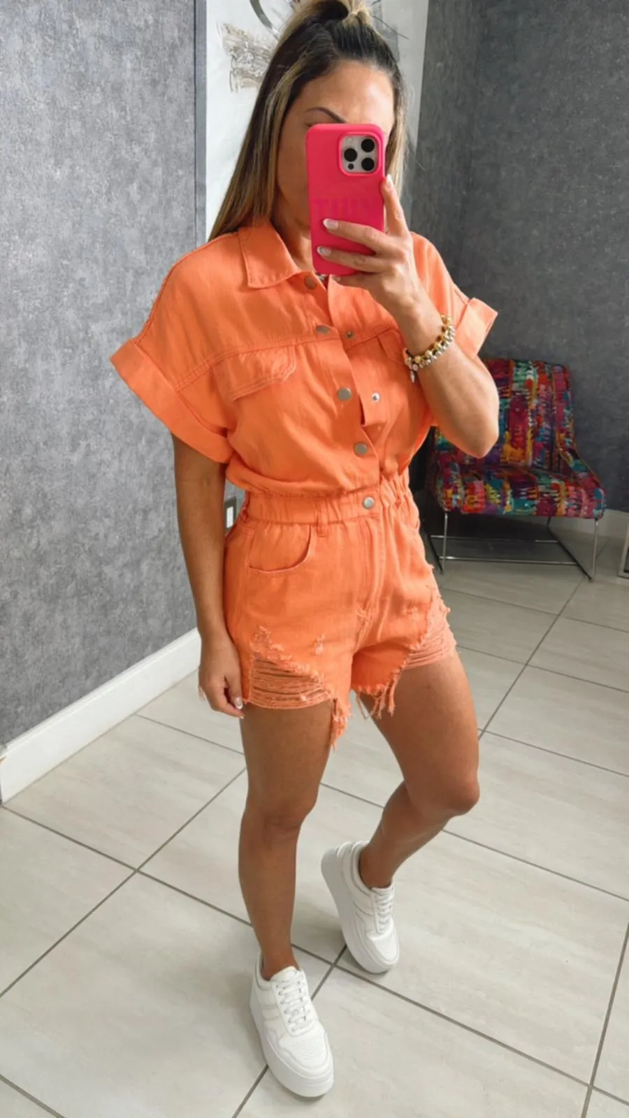 3880 Distressed hem color denim romper