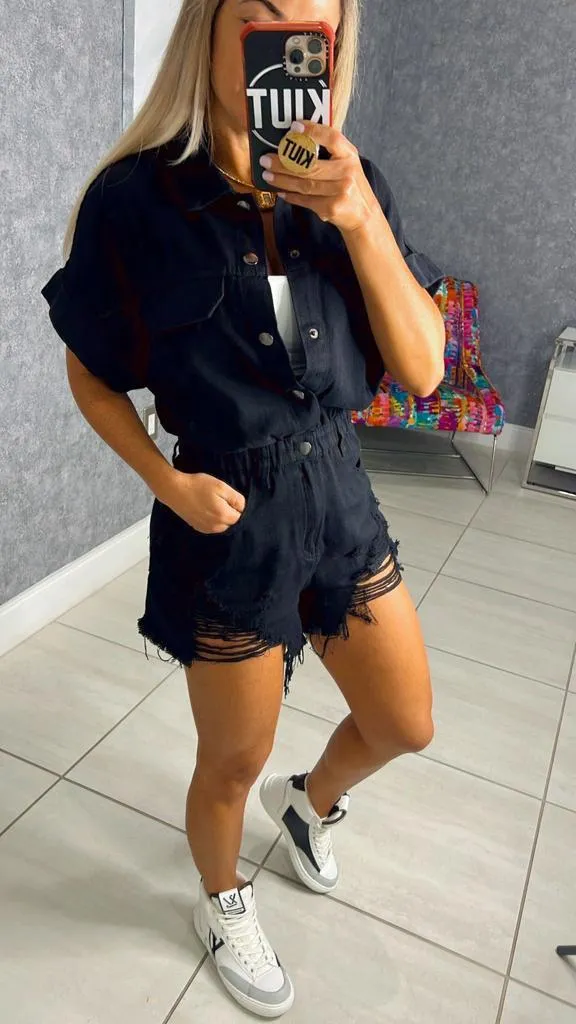 3880 Distressed hem color denim romper
