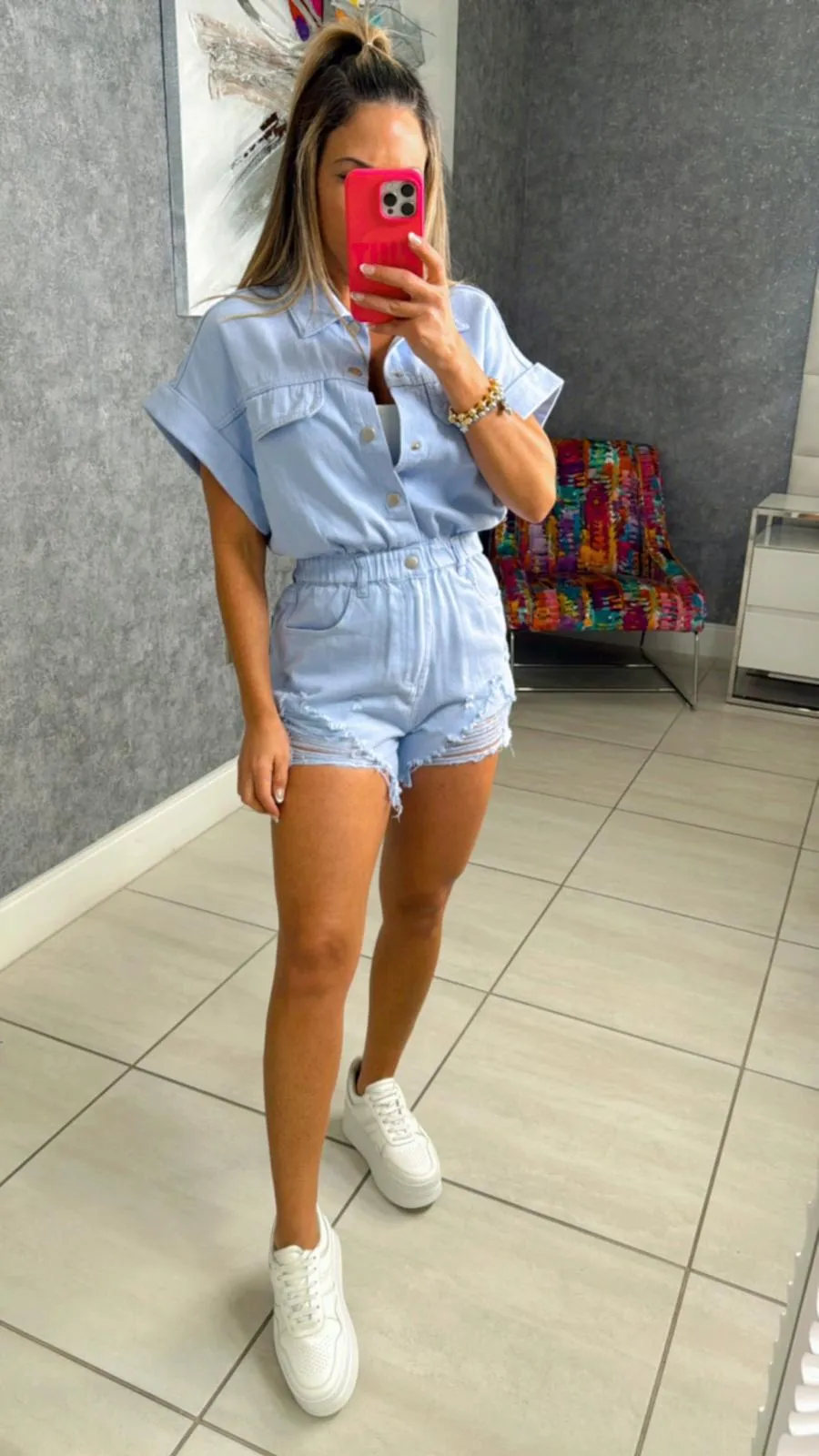 3880 Distressed hem color denim romper