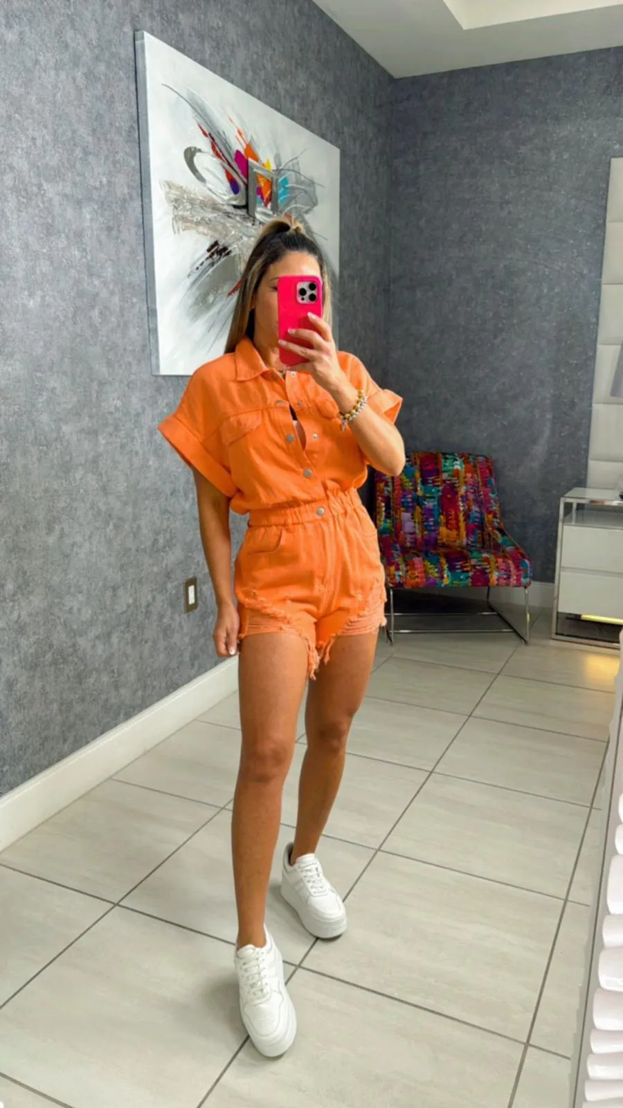 3880 Distressed hem color denim romper