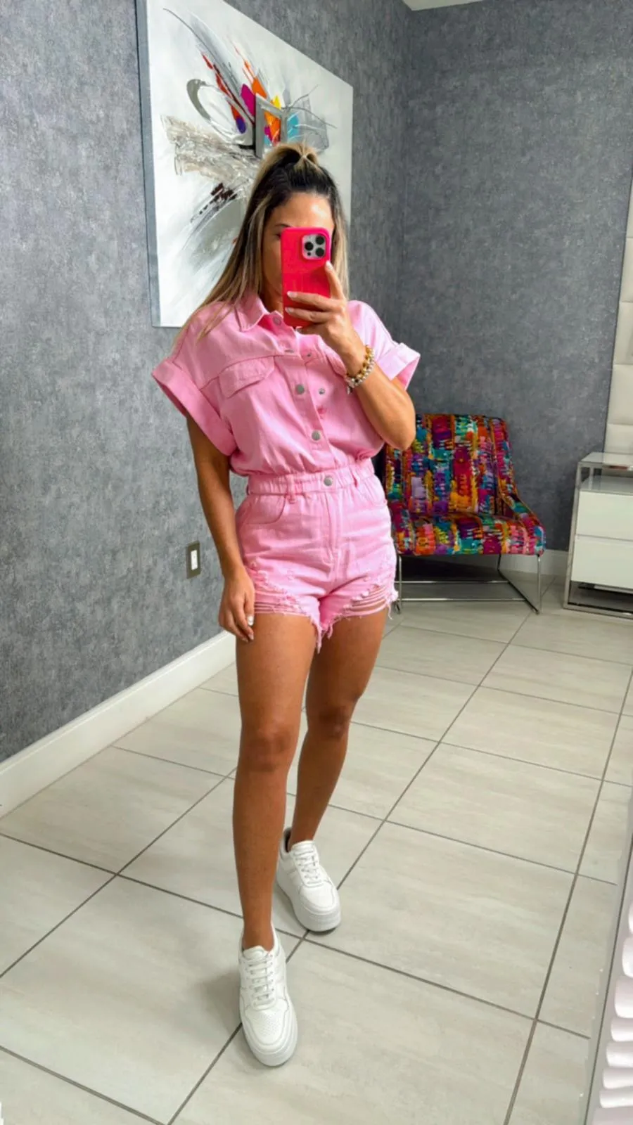 3880 Distressed hem color denim romper