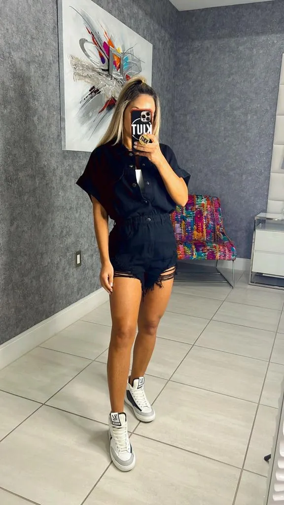 3880 Distressed hem color denim romper
