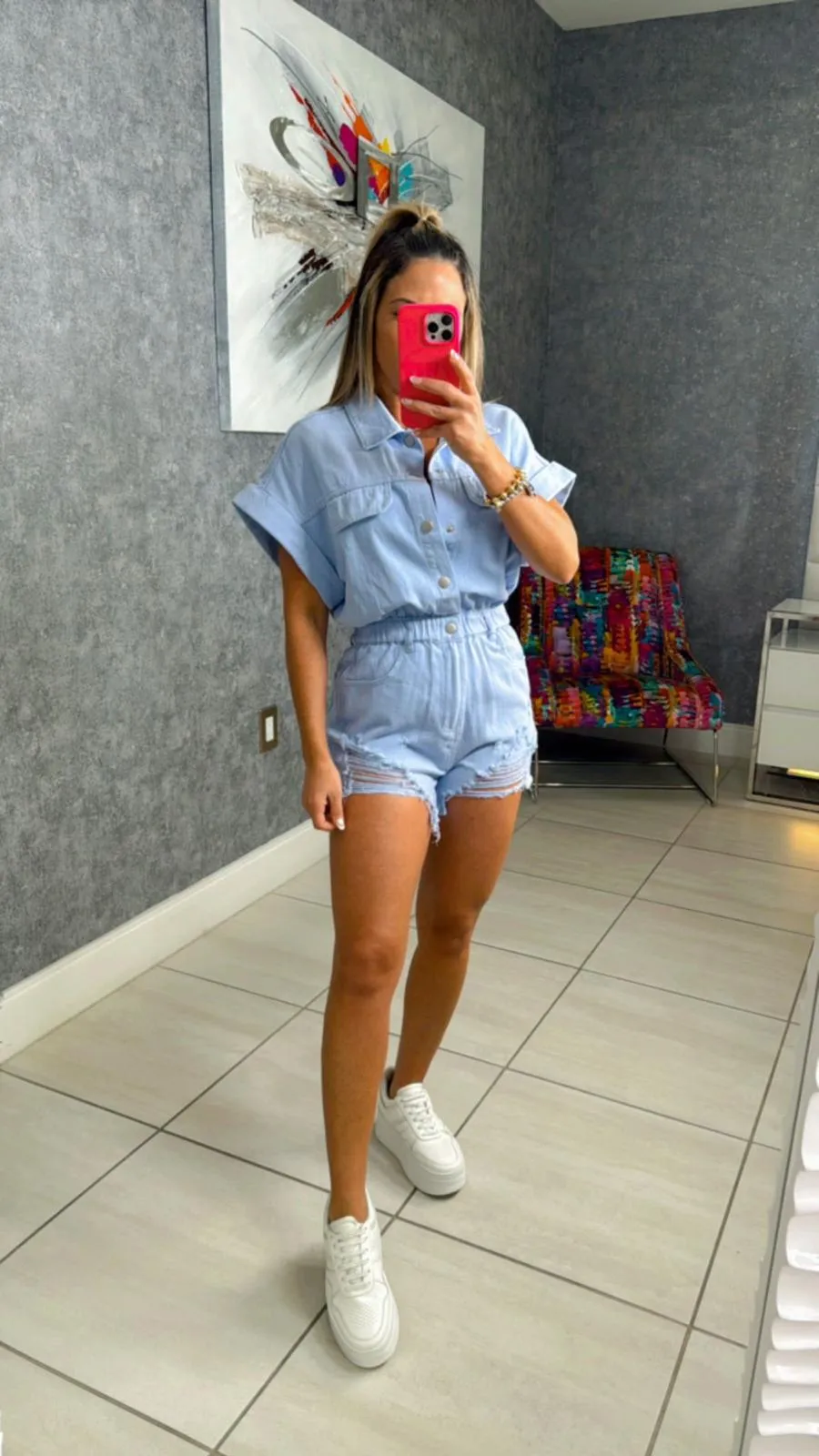 3880 Distressed hem color denim romper