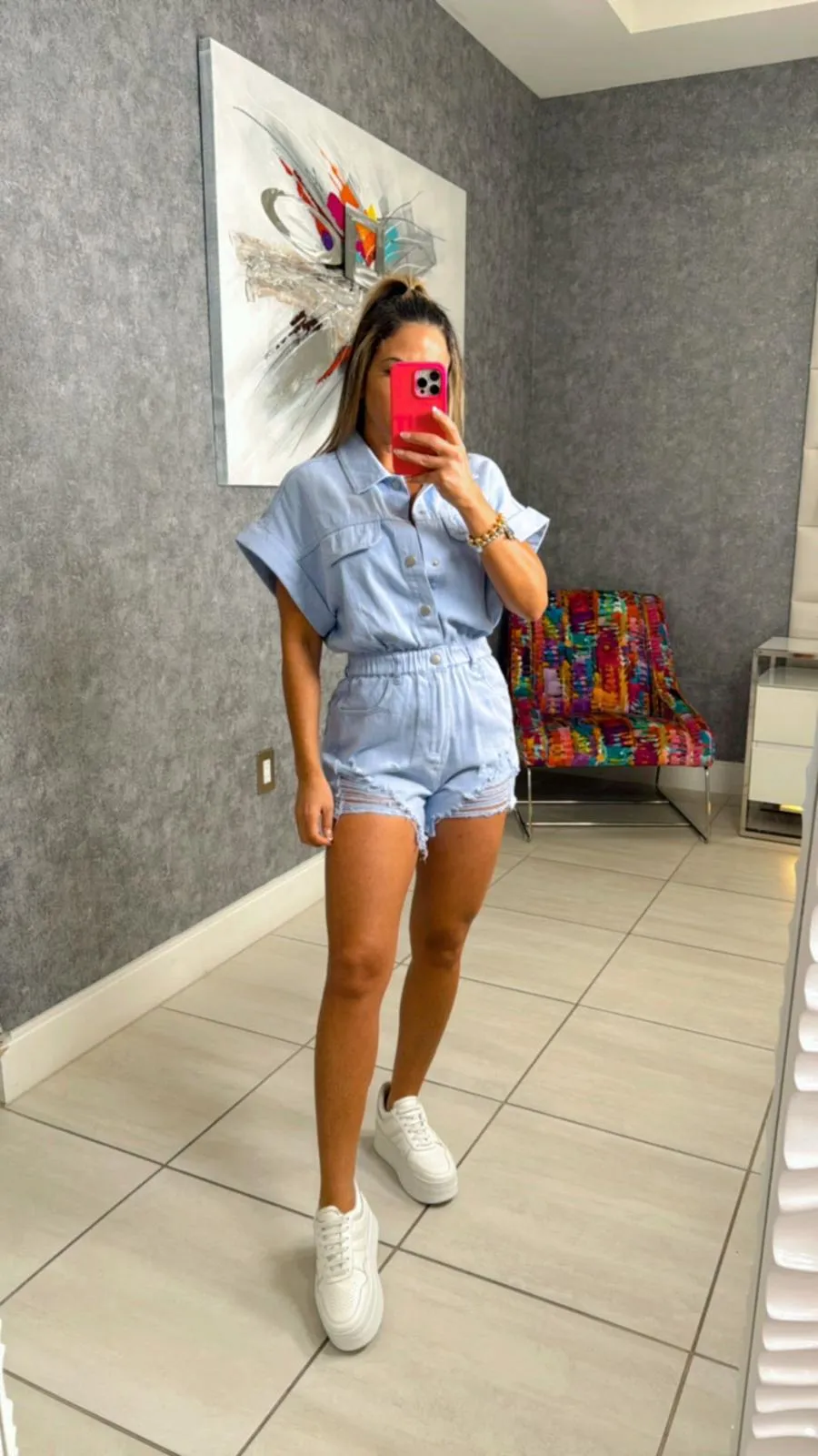 3880 Distressed hem color denim romper