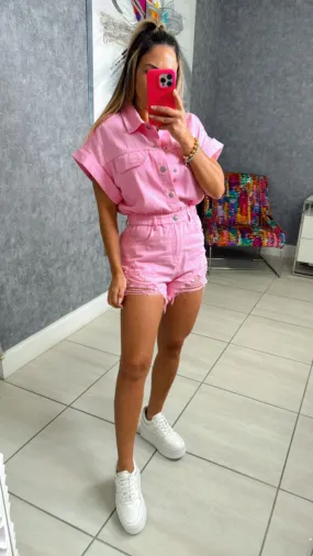 3880 Distressed hem color denim romper