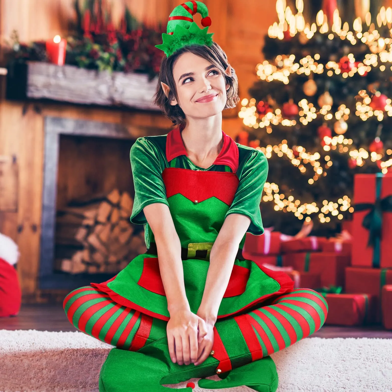 (5-piece set) Christmas adult costume Christmas elf costume for theme parties incl. apron / tights / slippers / hat (OneSize)
