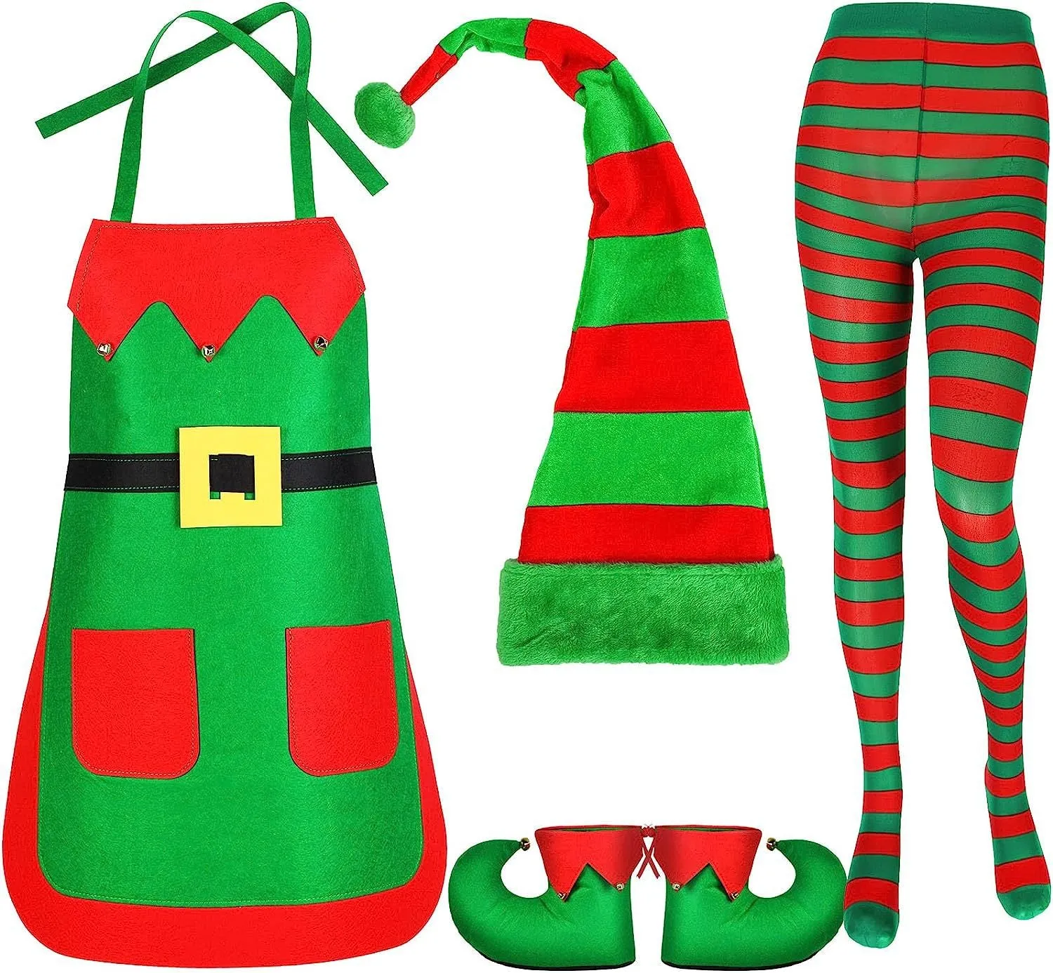 (5-piece set) Christmas adult costume Christmas elf costume for theme parties incl. apron / tights / slippers / hat (OneSize)