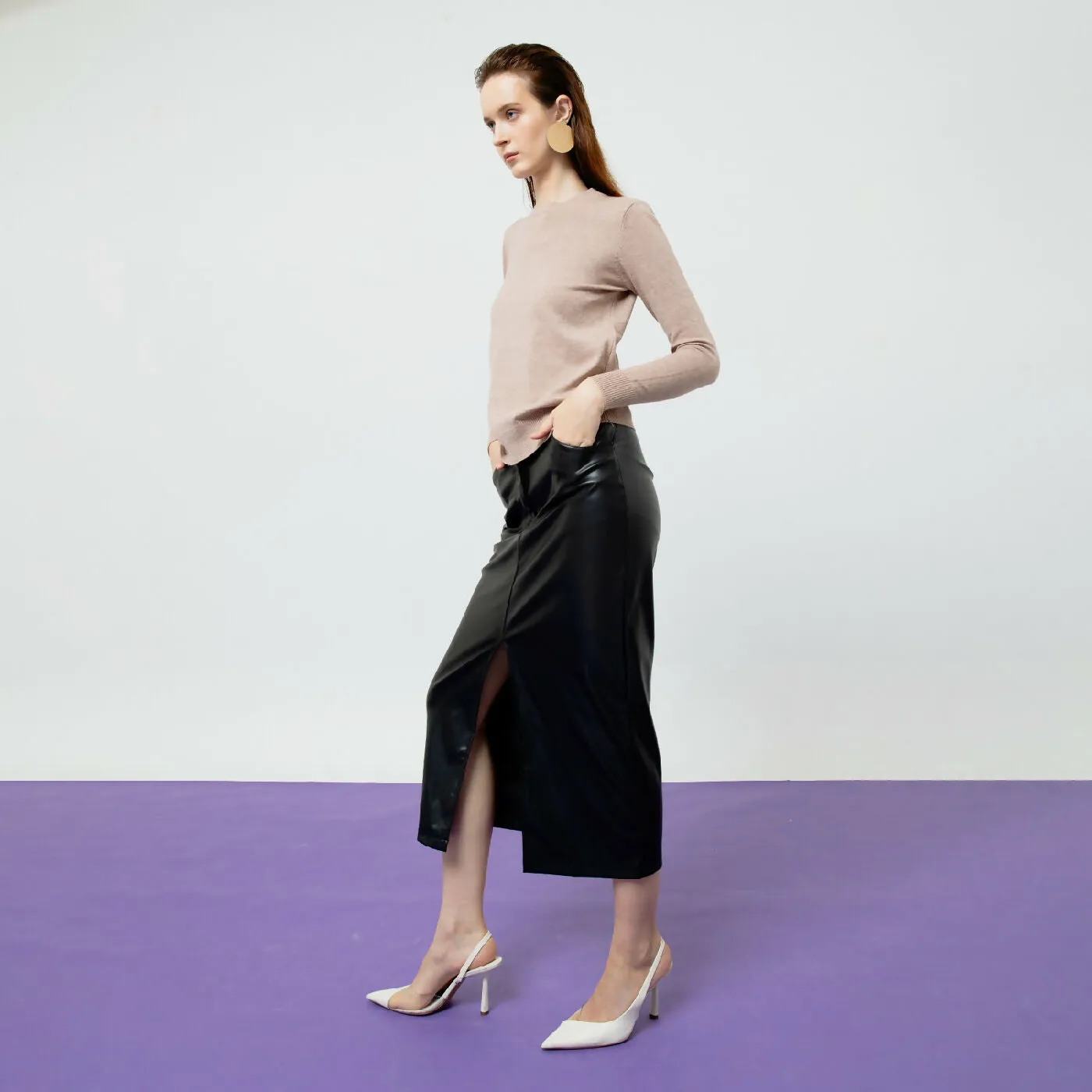 ATSTHELABEL DAHLIA BLACK FAUX LEATHER MIDI SKIRT