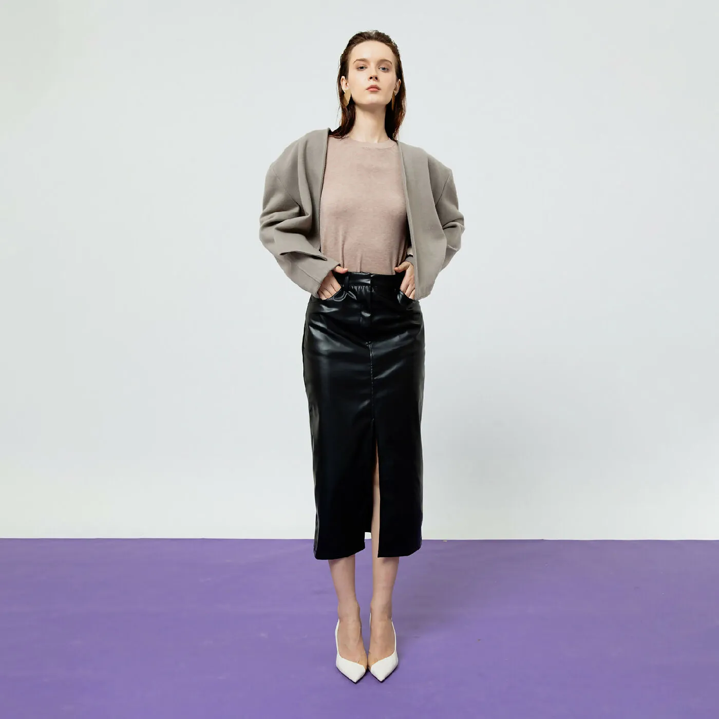 ATSTHELABEL DAHLIA BLACK FAUX LEATHER MIDI SKIRT