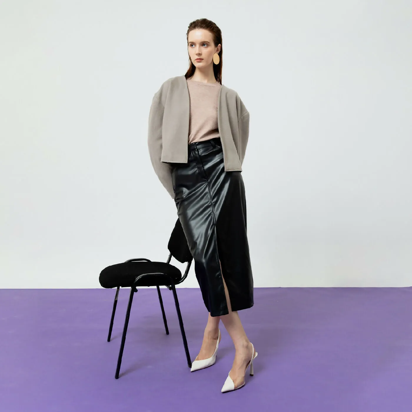 ATSTHELABEL DAHLIA BLACK FAUX LEATHER MIDI SKIRT