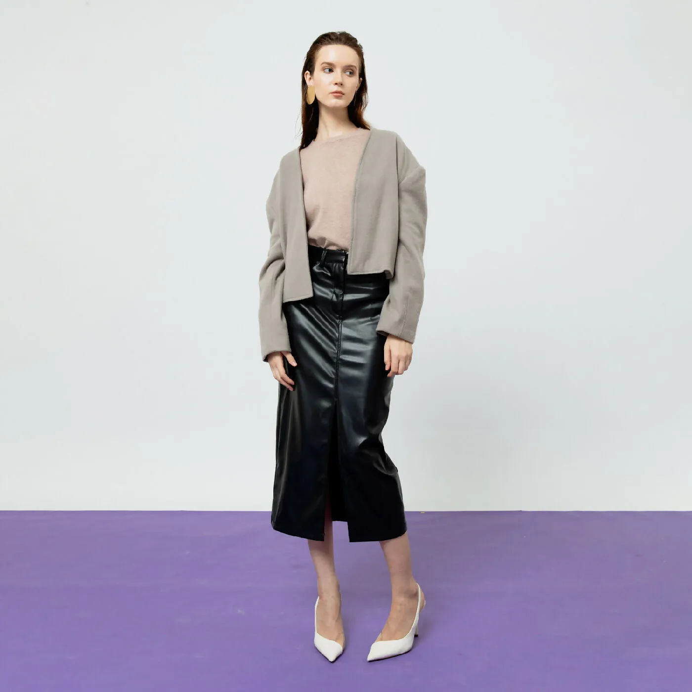 ATSTHELABEL DAHLIA BLACK FAUX LEATHER MIDI SKIRT