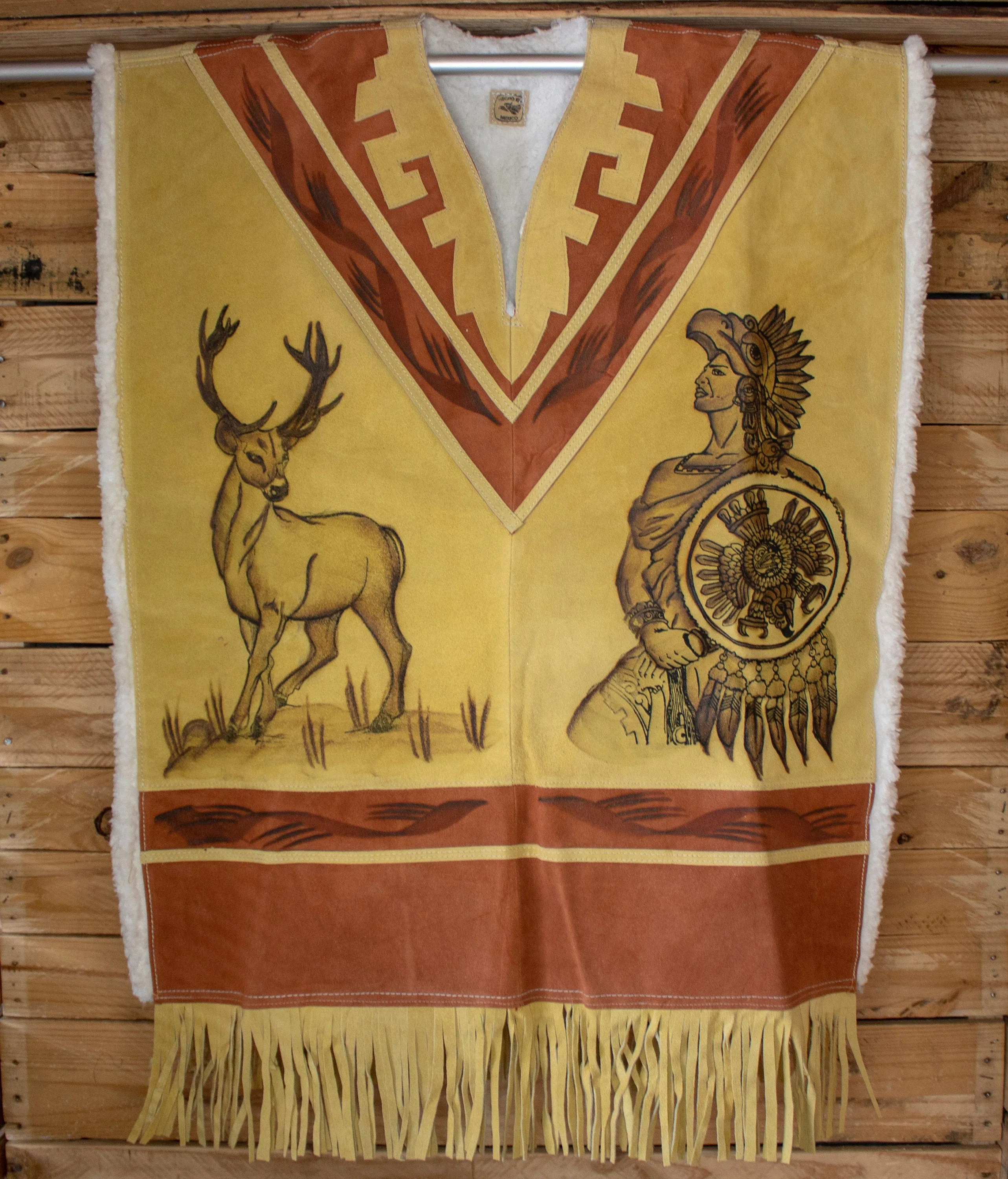 AUTHENTIC SUEDE LEATHER stamped Calendario Azteca Aztec deer sheep wool double sided  Mexican poncho Gaban