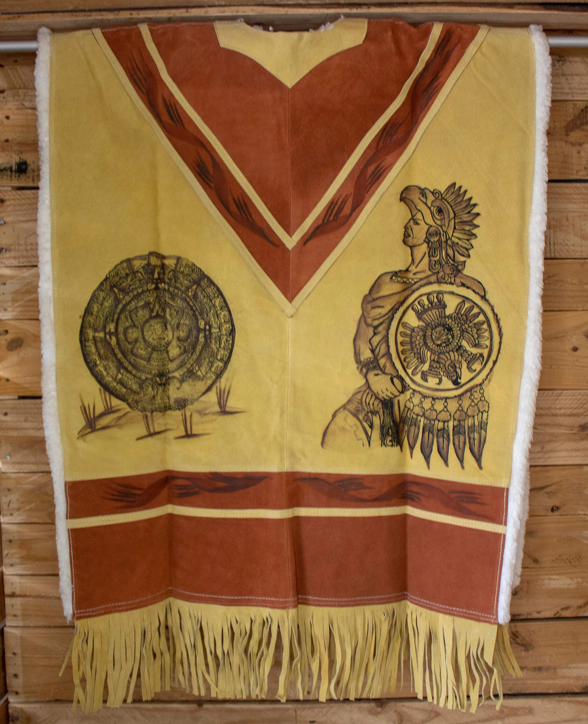 AUTHENTIC SUEDE LEATHER stamped Calendario Azteca Aztec deer sheep wool double sided  Mexican poncho Gaban