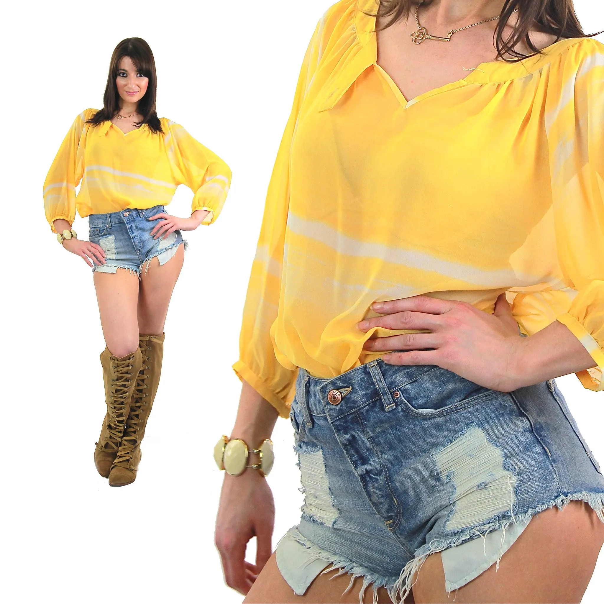 Authentic Vintage 70s boho sheer draped tie dye yellow peasant top