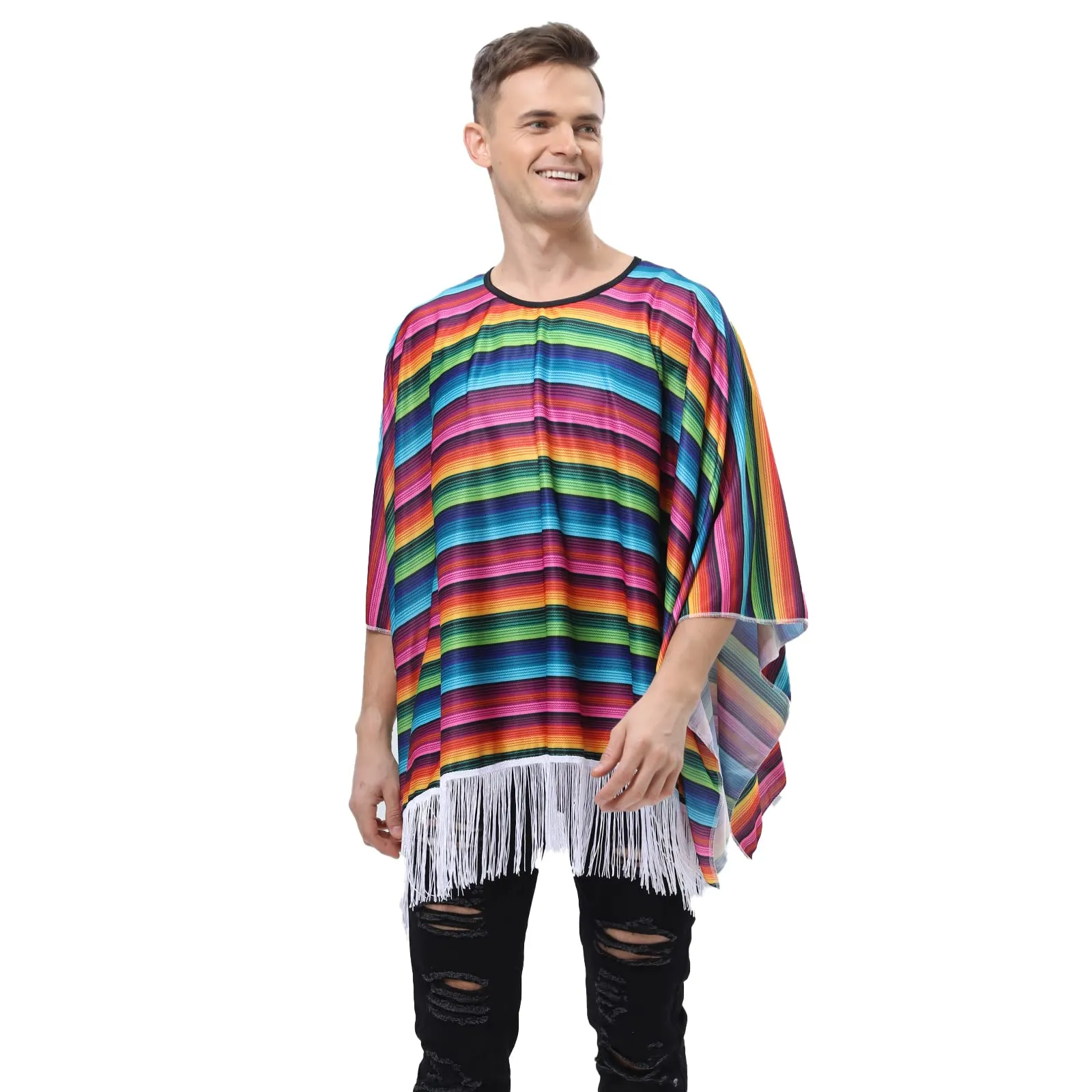 BEDJIMI Adult Cinco De Mayo Mexican Fiesta Serape Poncho Costume Mexican Fiesta Traditional Ponchos Cape for Men