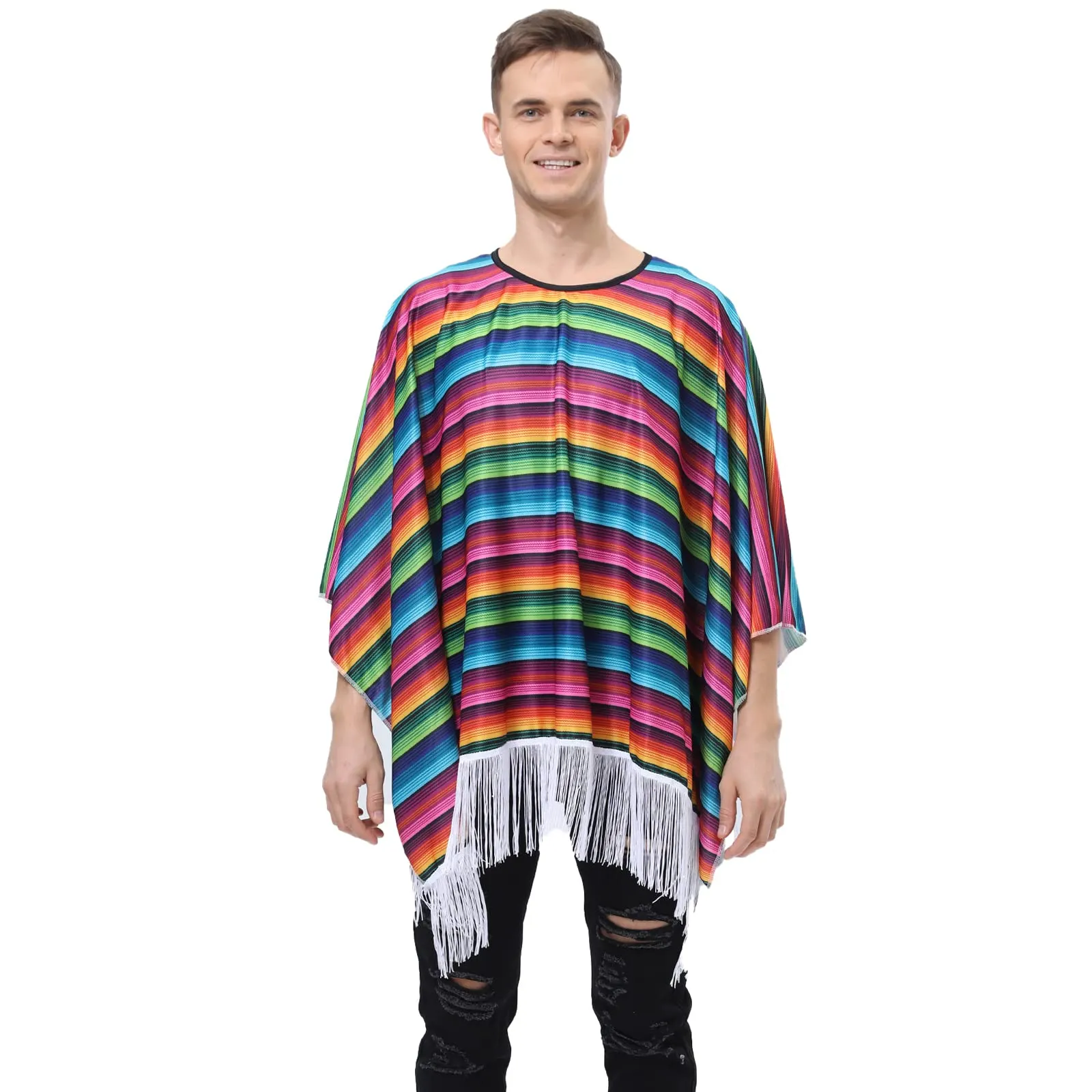 BEDJIMI Adult Cinco De Mayo Mexican Fiesta Serape Poncho Costume Mexican Fiesta Traditional Ponchos Cape for Men