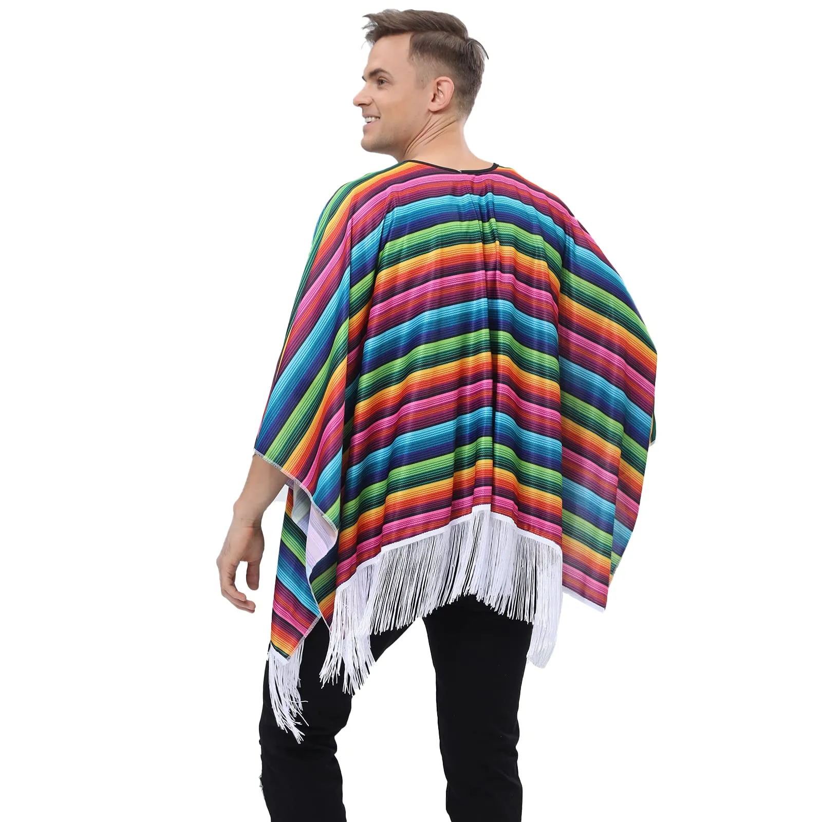 BEDJIMI Adult Cinco De Mayo Mexican Fiesta Serape Poncho Costume Mexican Fiesta Traditional Ponchos Cape for Men