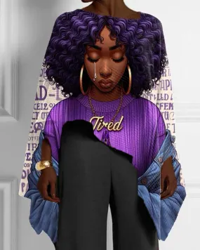 Black Girl's Letter-color Print with Irregular Hem Ladies Top