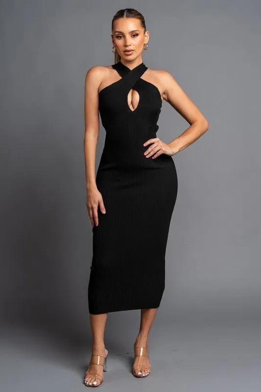 Black Ribbed Sweater Cross Neck Bodycon Midi Dress
