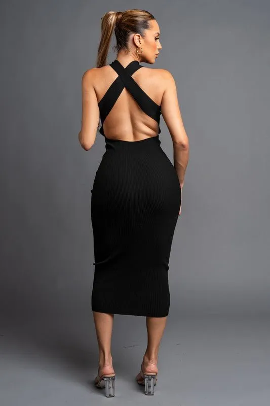 Black Ribbed Sweater Cross Neck Bodycon Midi Dress