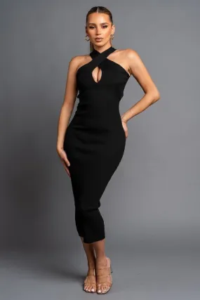 Black Ribbed Sweater Cross Neck Bodycon Midi Dress