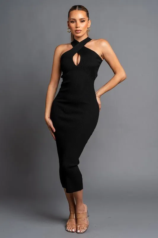 Black Ribbed Sweater Cross Neck Bodycon Midi Dress