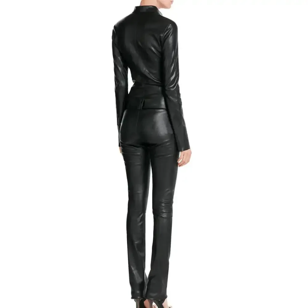 Black Women's Designer Leather Jumpsuit – Belted Waist & Stylish Fit