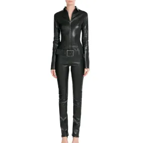 Black Women's Designer Leather Jumpsuit – Belted Waist & Stylish Fit