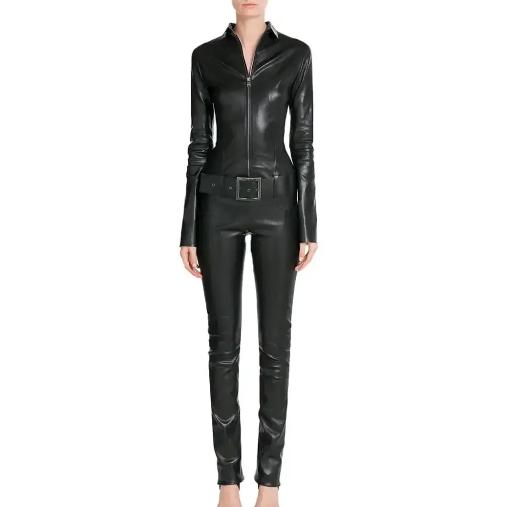 Black Women's Designer Leather Jumpsuit – Belted Waist & Stylish Fit