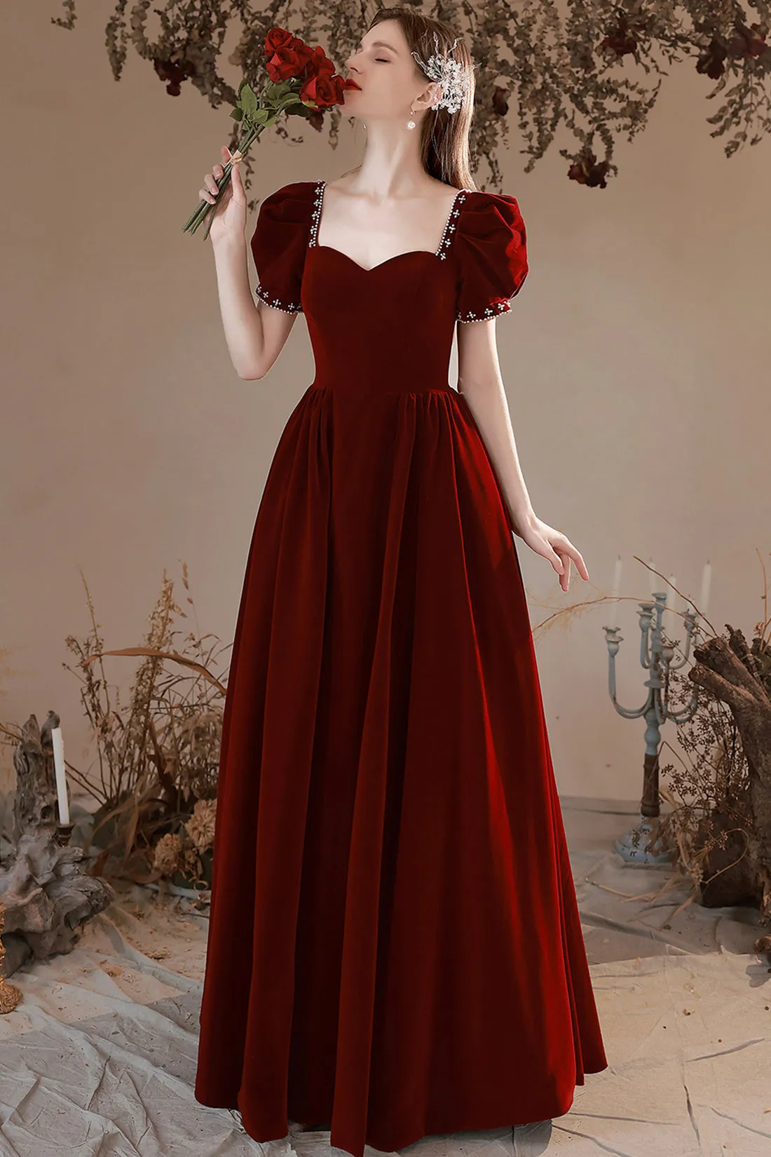Burgundy Velvet Long Formal Dress, A-Line Short Sleeve Evening Party Dress