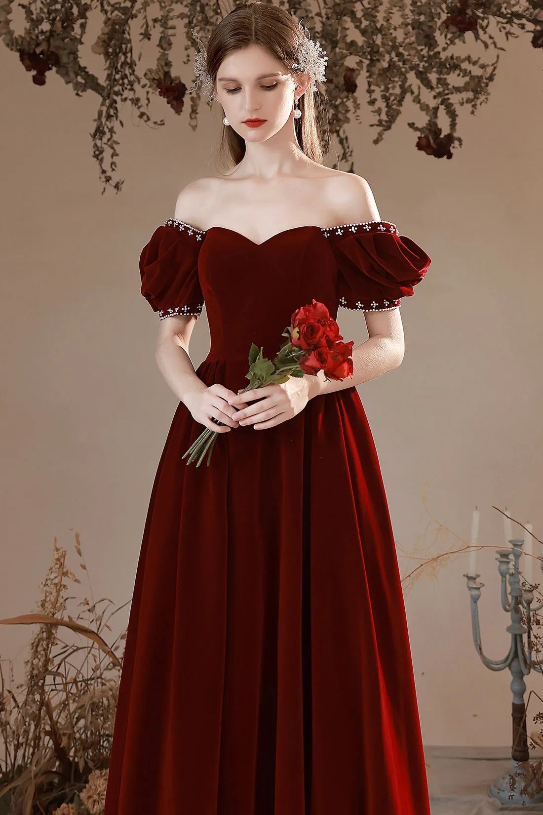 Burgundy Velvet Long Formal Dress, A-Line Short Sleeve Evening Party Dress