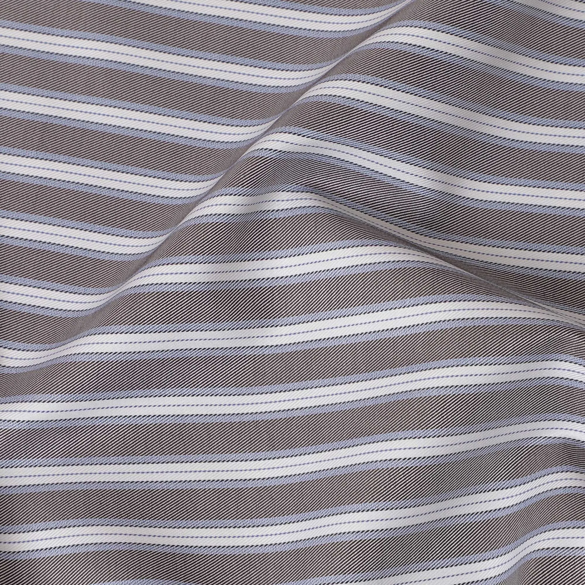 Charcoal grey Premium pure Italian 100% cotton shirting fabric with baby blue and white print in stripe design-D16642