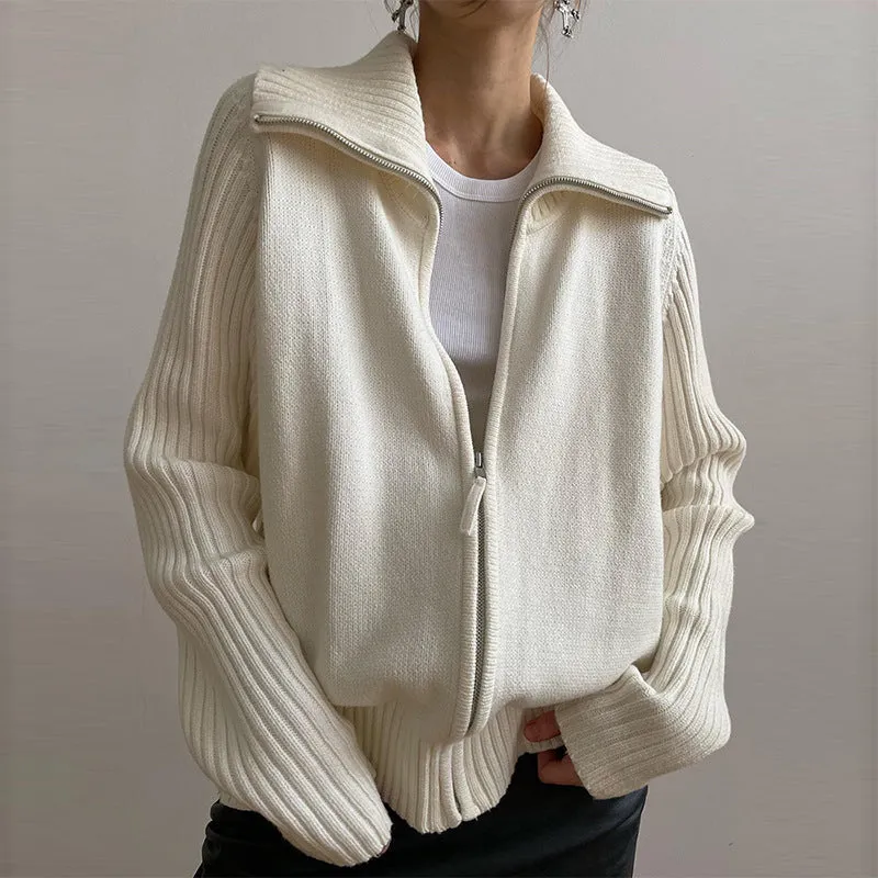 christmas outfit Sonicelife Rib Splice Zip Up Cardigan
