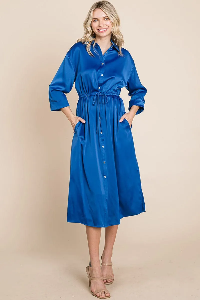 Collared Satin Tied Waist Midi Shirt Dress