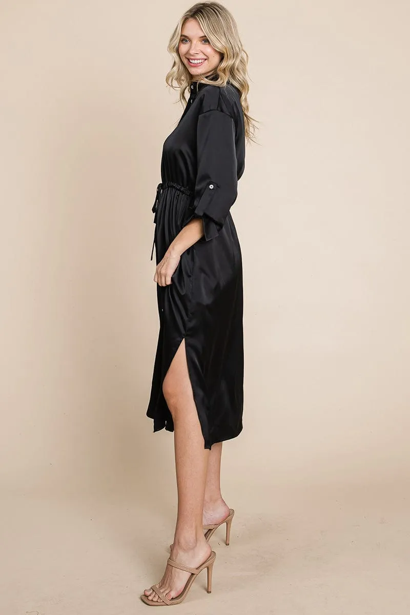 Collared Satin Tied Waist Midi Shirt Dress