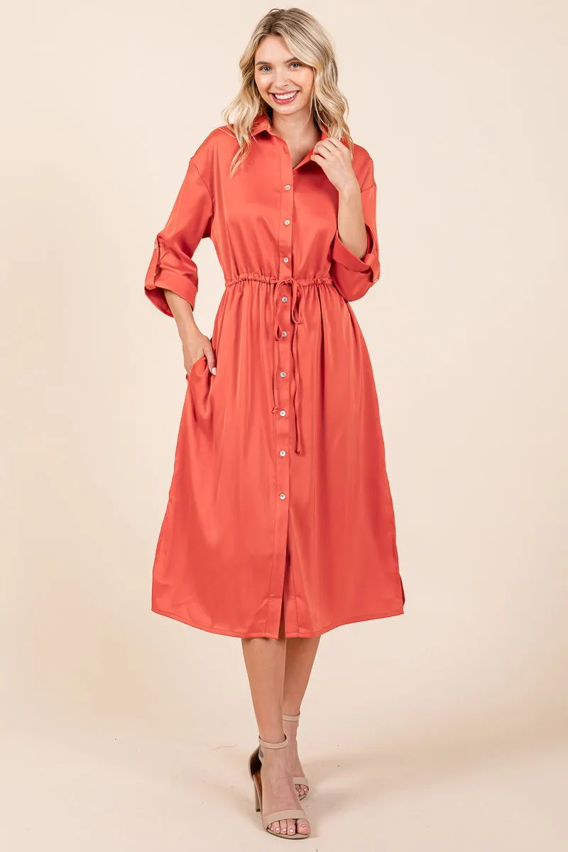 Collared Satin Tied Waist Midi Shirt Dress