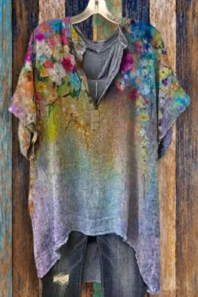 Dunnmall Casual Tie Dye Print Loose T-Shirt