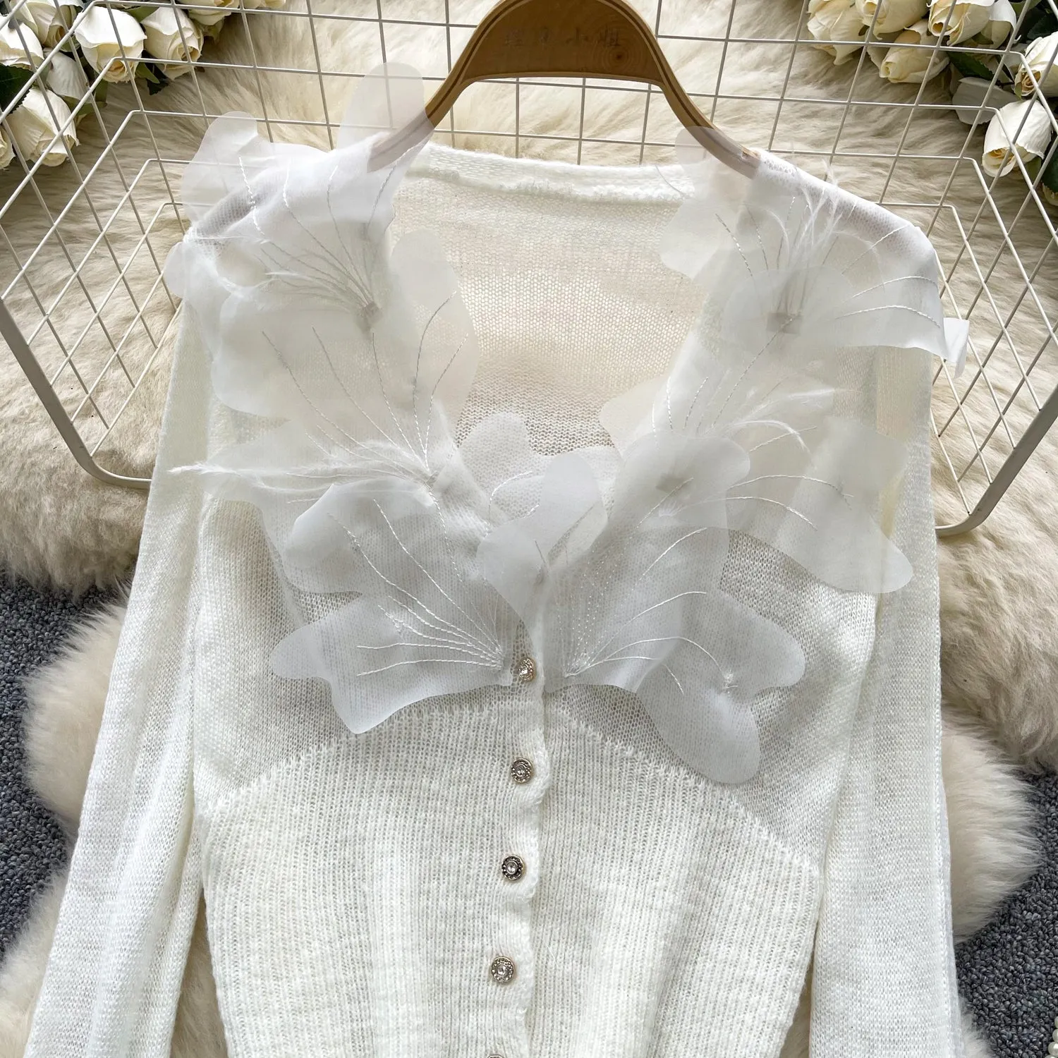 Elegant 3D Petal V-neck Cardigan