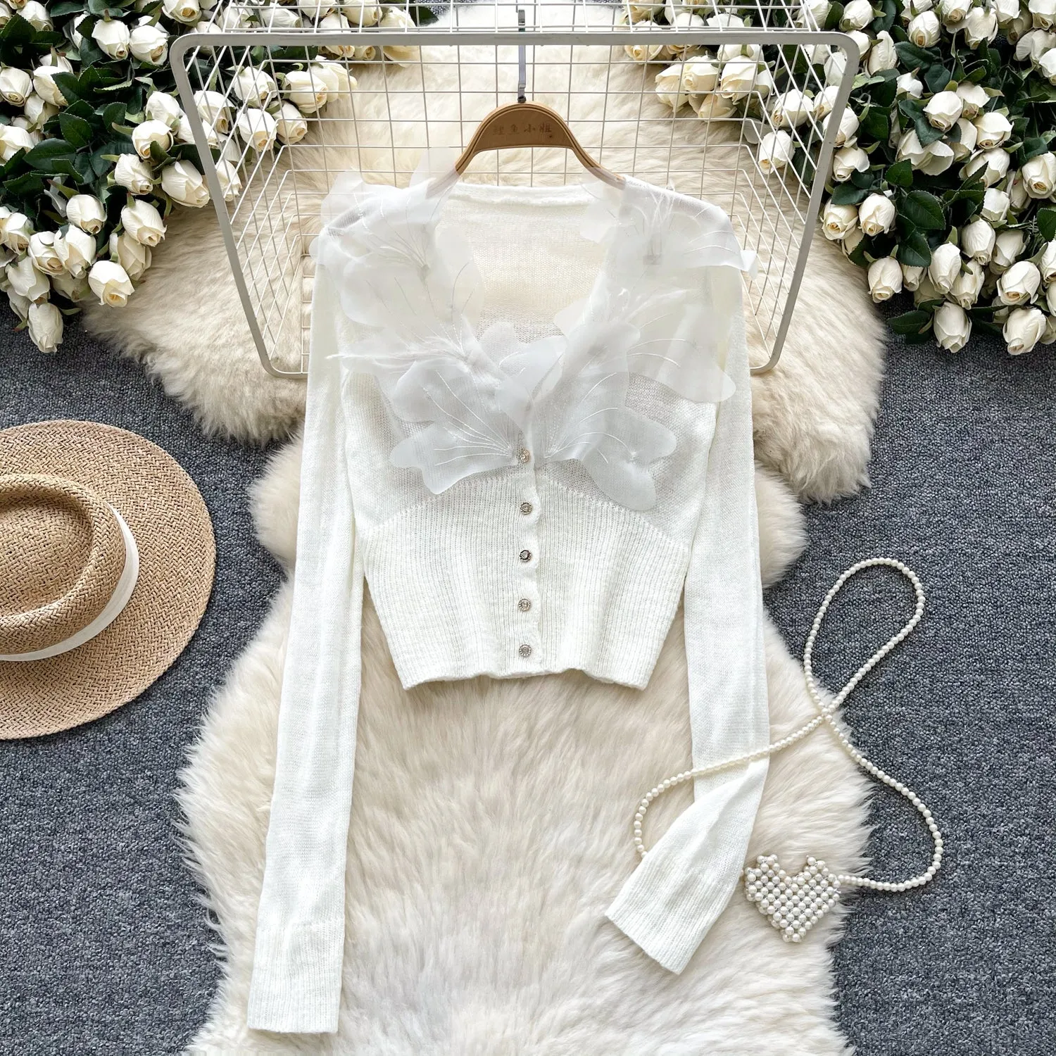 Elegant 3D Petal V-neck Cardigan
