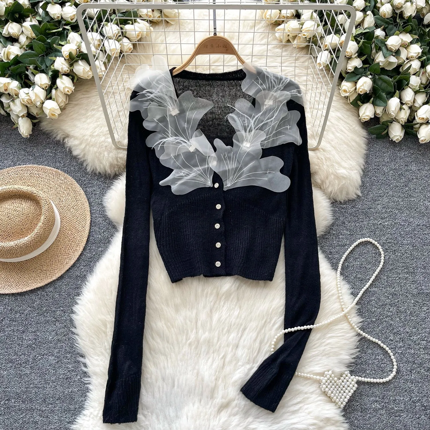 Elegant 3D Petal V-neck Cardigan