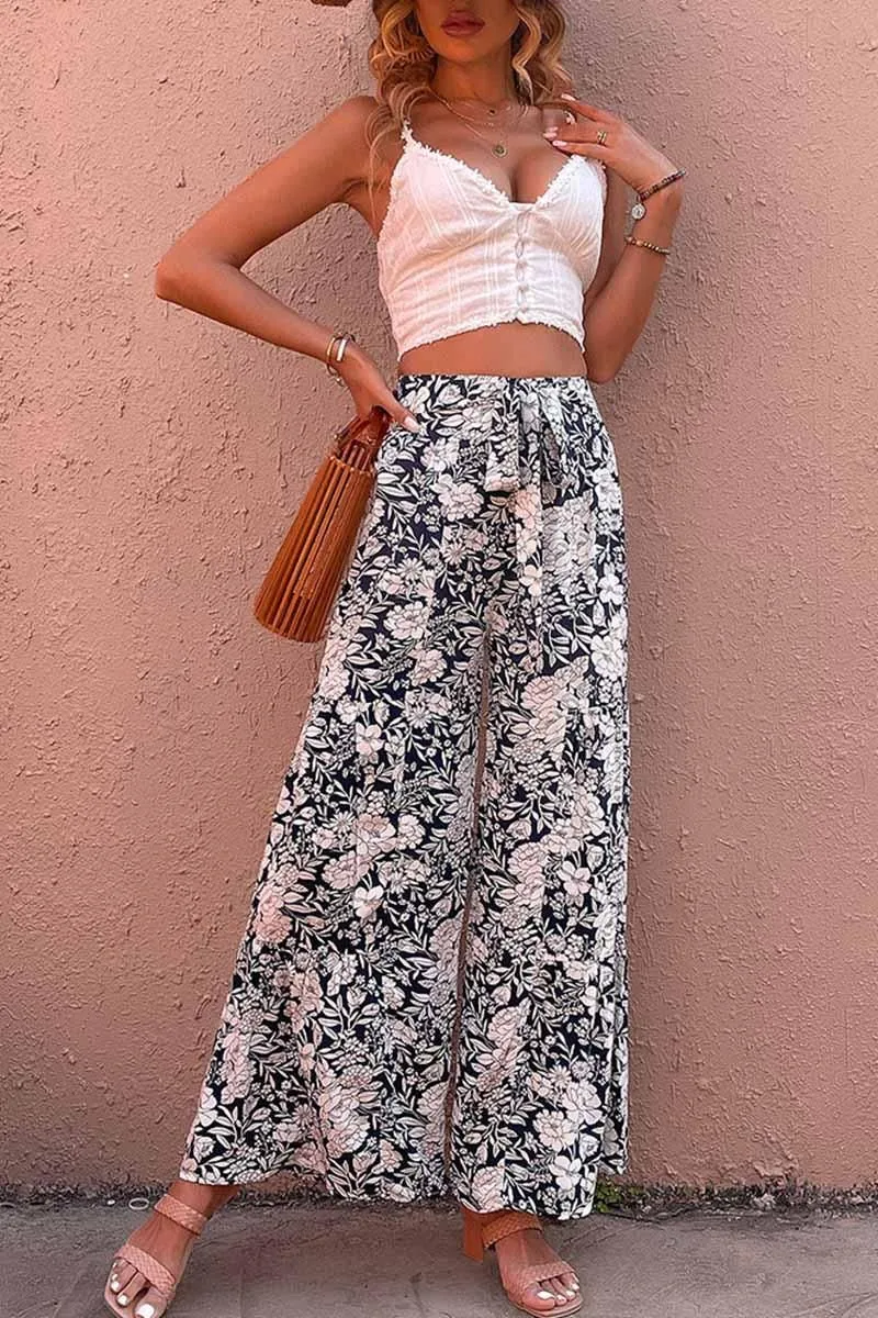 FLORAL TIED HIGH WAIST WIDE PANTS