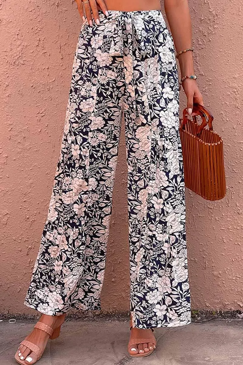 FLORAL TIED HIGH WAIST WIDE PANTS