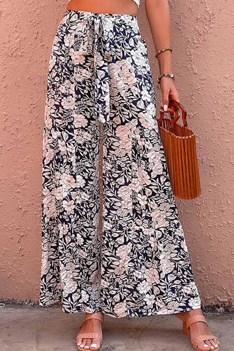 FLORAL TIED HIGH WAIST WIDE PANTS
