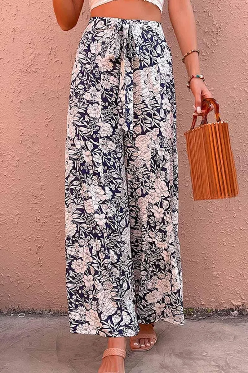 FLORAL TIED HIGH WAIST WIDE PANTS