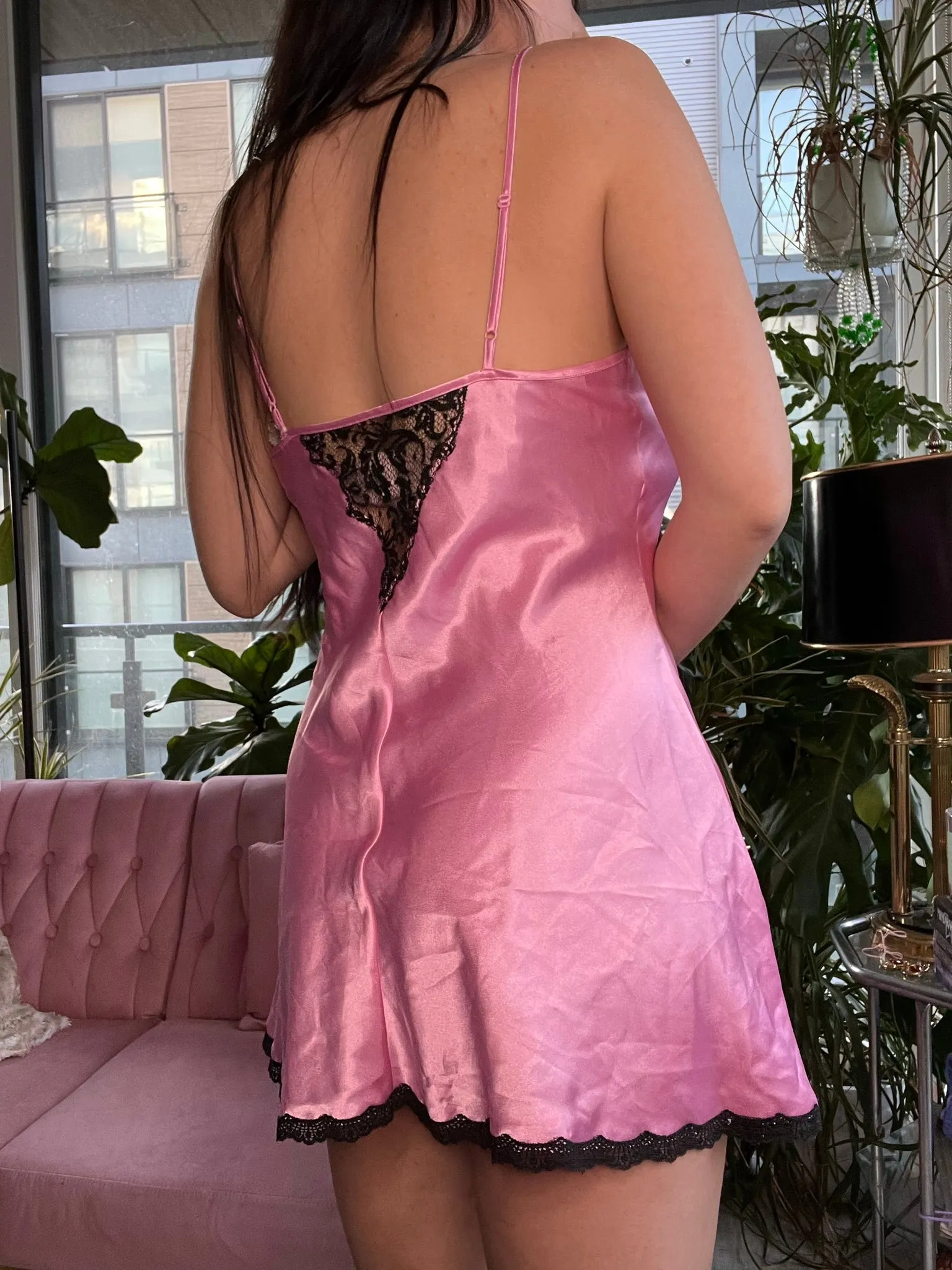 Gold Label Vintage Victoria's Secret Pink Satin Slip Dress with Black Lace Cut Outs