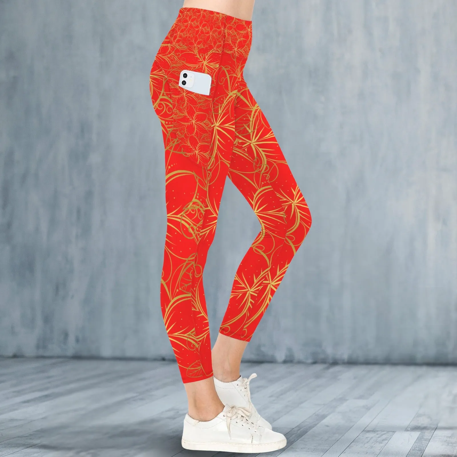 Golden Frangipani Red Leggings with Pockets up to 5 XL (FWS)