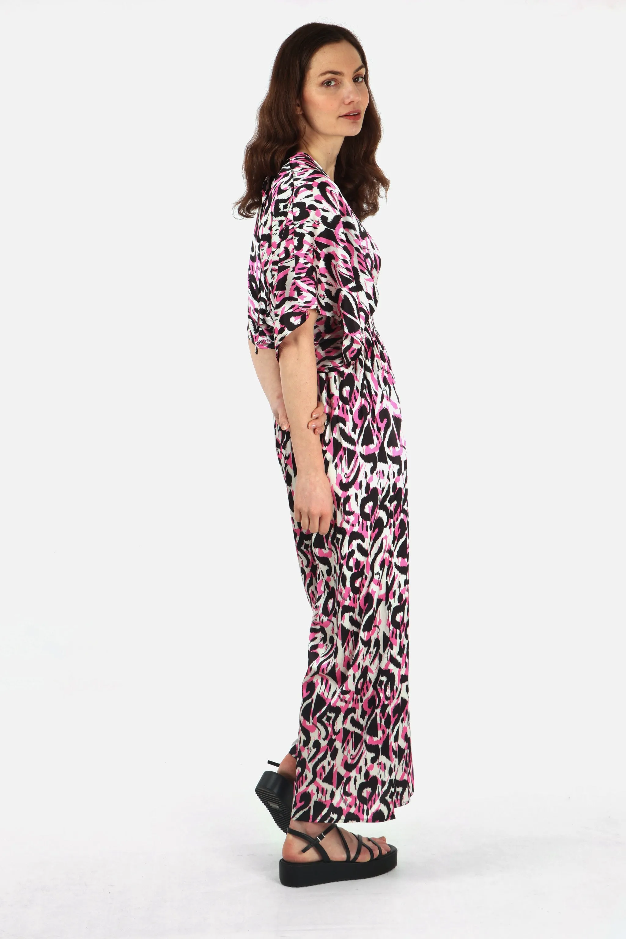 Jilly Deep V Jumpsuit - Pink, Abstract Ikat